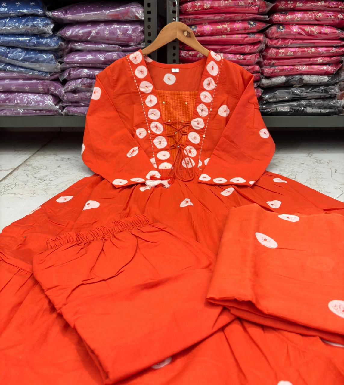 Flared Cotton Discharge Printed Kurti Set with Pant & Malmal Dupatta