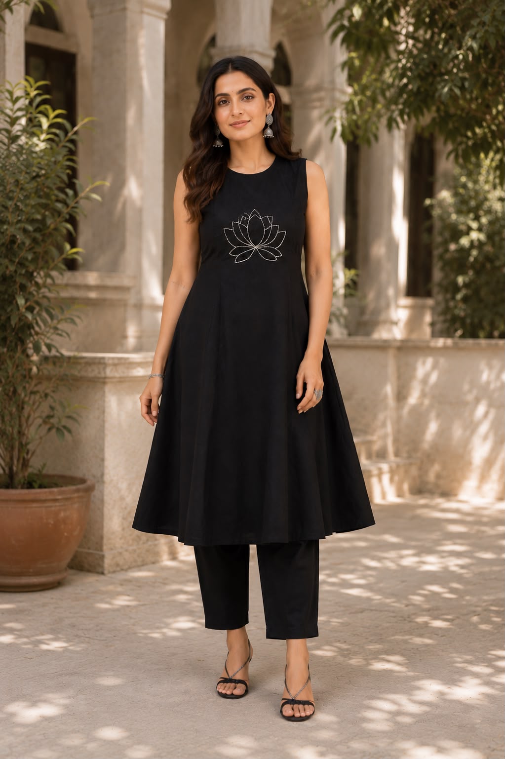 Flared Cotton Kurti Pant Set with Sequence & Thread Embroidery Work