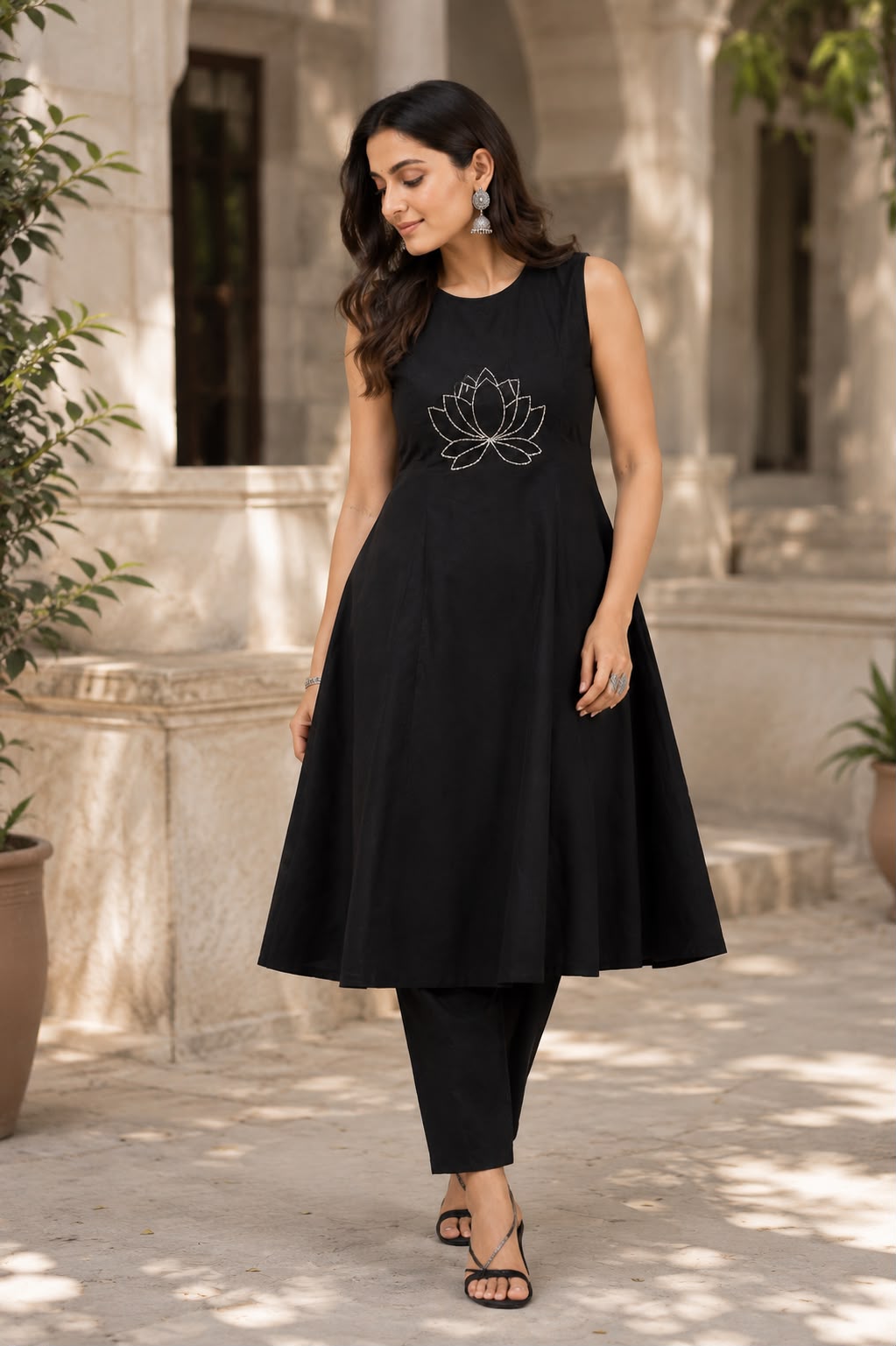 Flared Cotton Kurti Pant Set with Sequence & Thread Embroidery Work