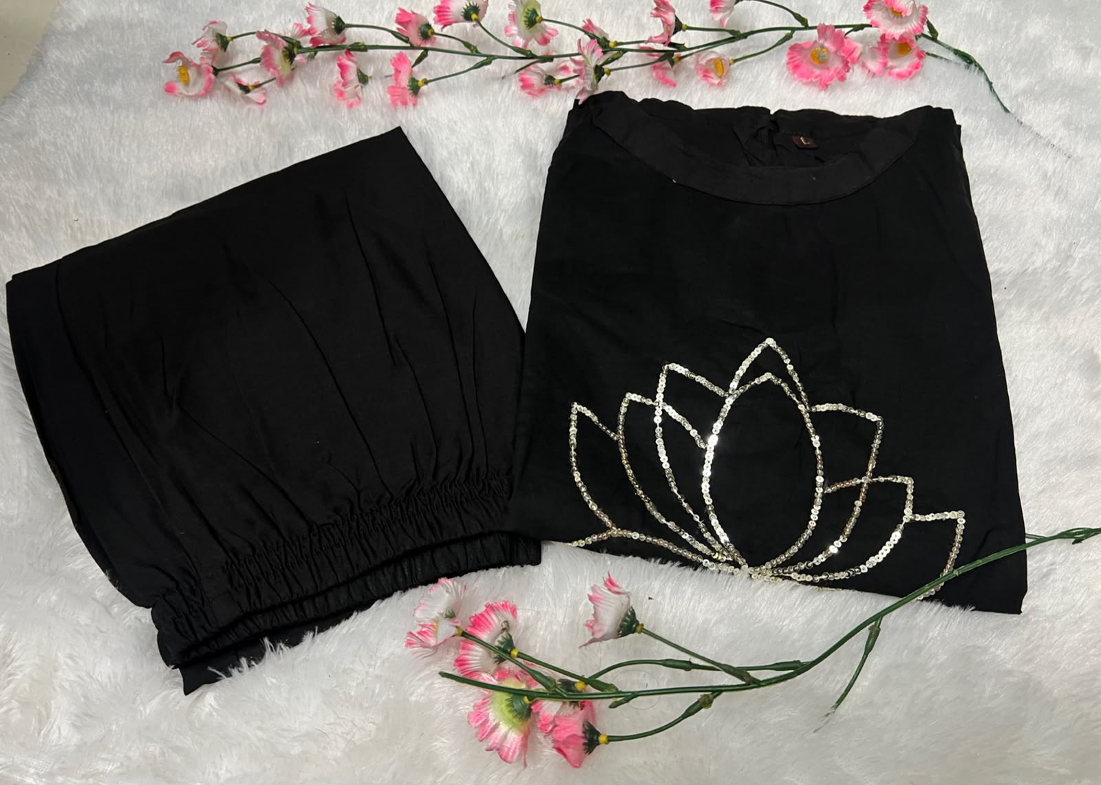 Flared Cotton Kurti Pant Set with Sequence & Thread Embroidery Work