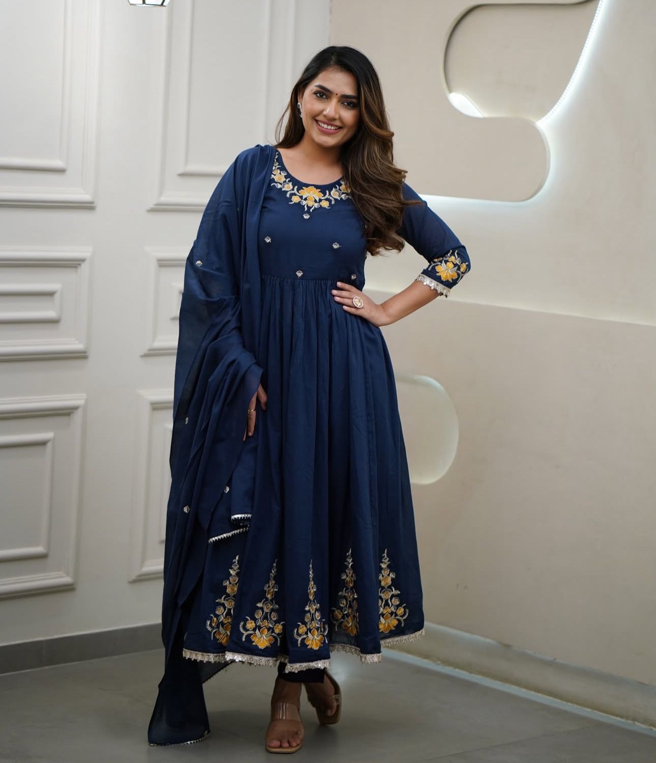 Flared Cotton Kurti Set with Embroidery & Malmal Dupatta