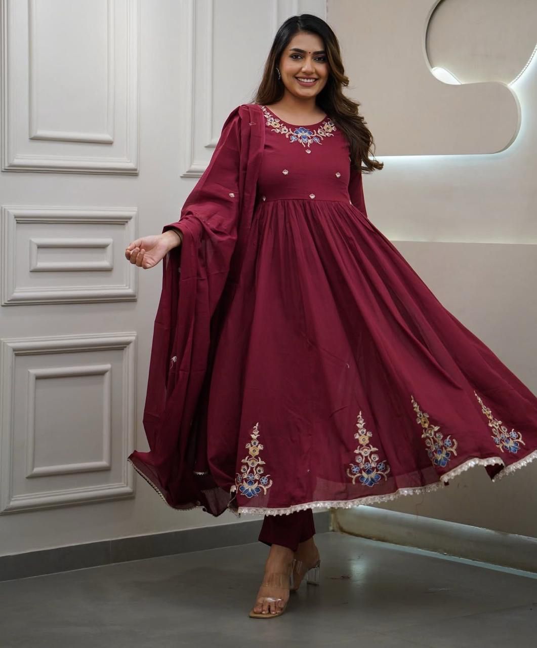 Flared Cotton Kurti Set with Embroidery & Malmal Dupatta