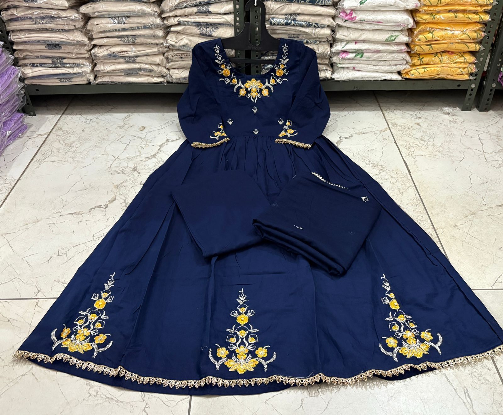 Flared Cotton Kurti Set with Embroidery & Malmal Dupatta