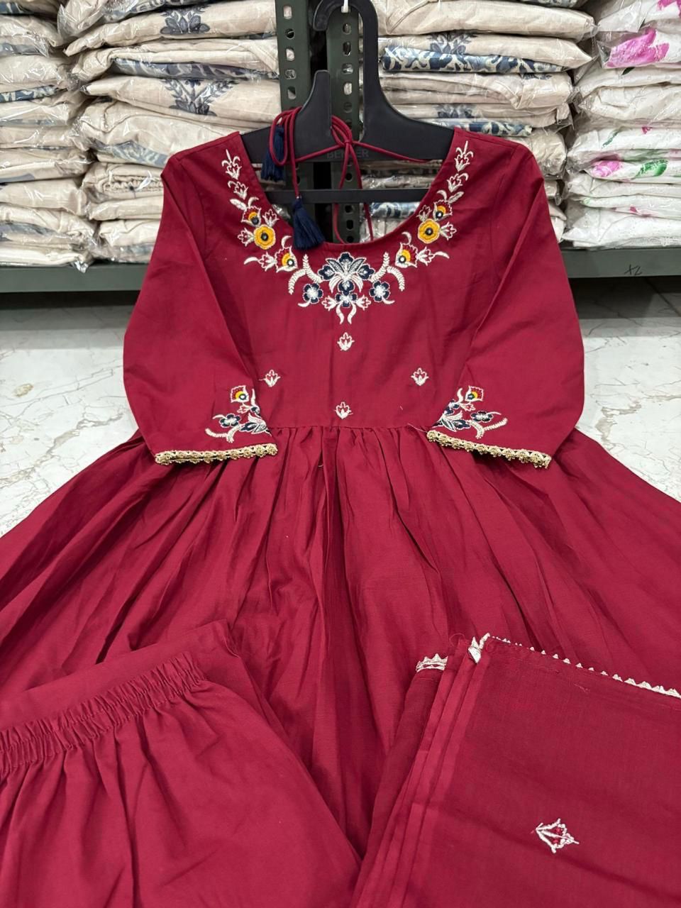 Flared Cotton Kurti Set with Embroidery & Malmal Dupatta