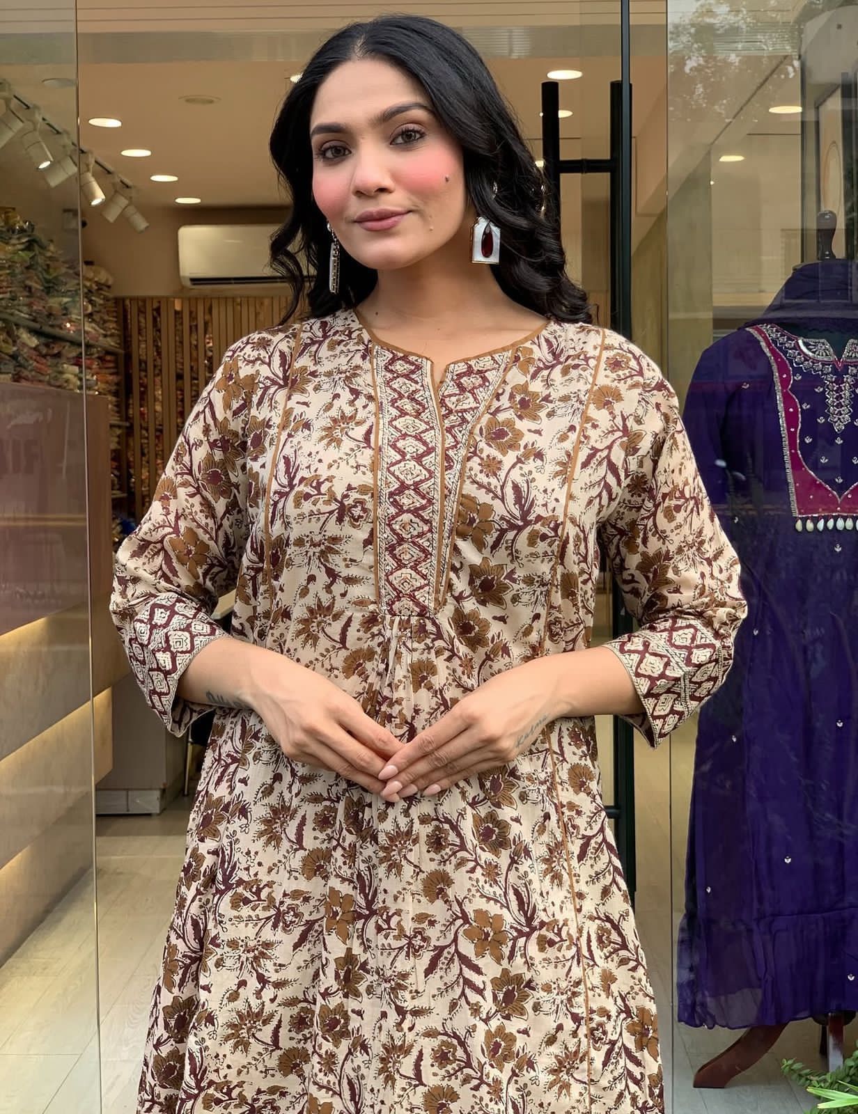 Flared Printed Cotton Anarkali Kurta Set with Pant & Dupatta