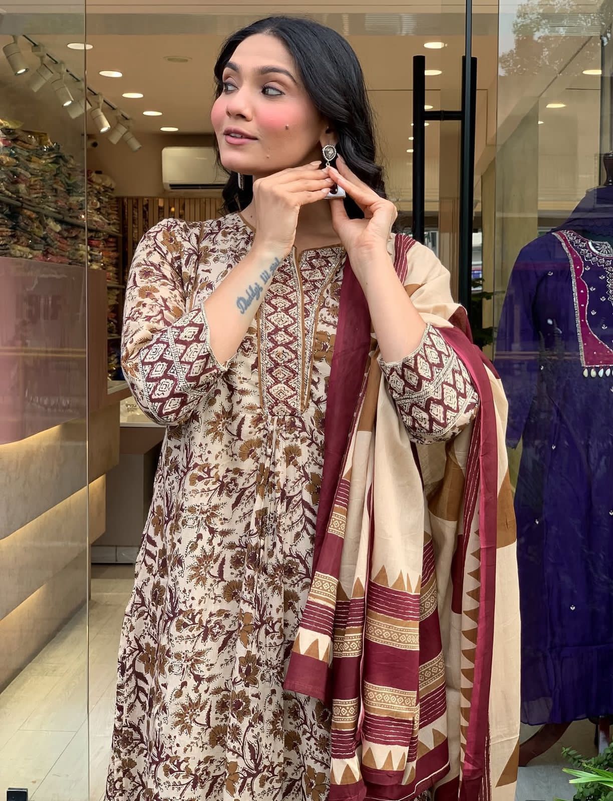 Flared Printed Cotton Anarkali Kurta Set with Pant & Dupatta
