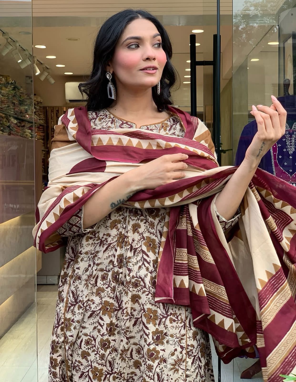 Flared Printed Cotton Anarkali Kurta Set with Pant & Dupatta