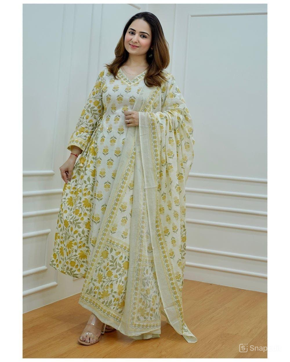 Floral Afghani Cotton Suit Set with Dupatta & Tassel Detailing