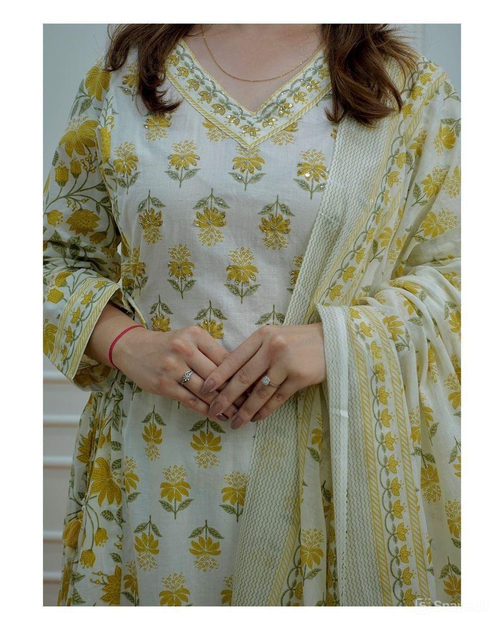 Floral Afghani Cotton Suit Set with Dupatta & Tassel Detailing