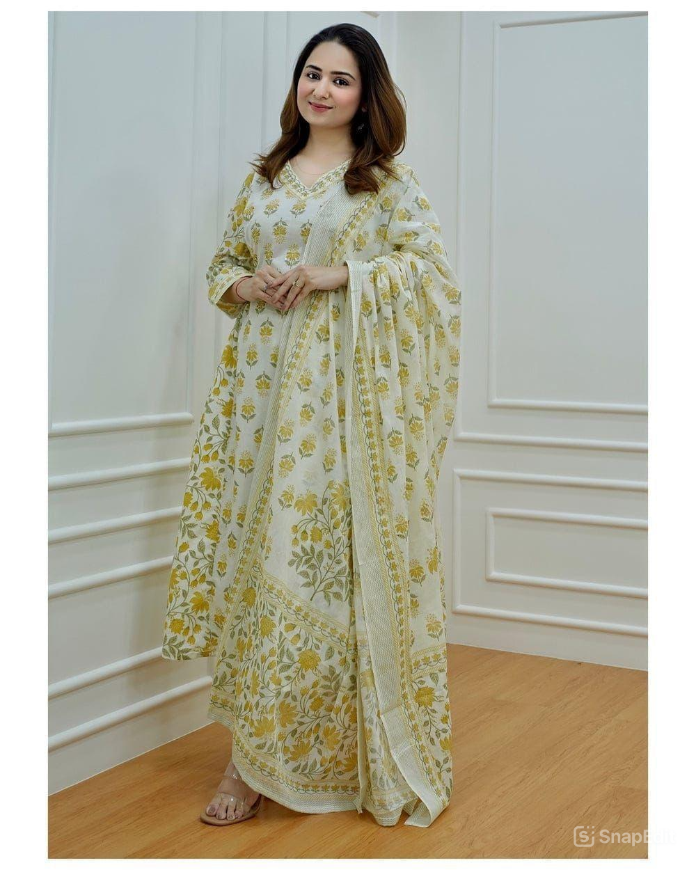 Floral Afghani Cotton Suit Set with Dupatta & Tassel Detailing