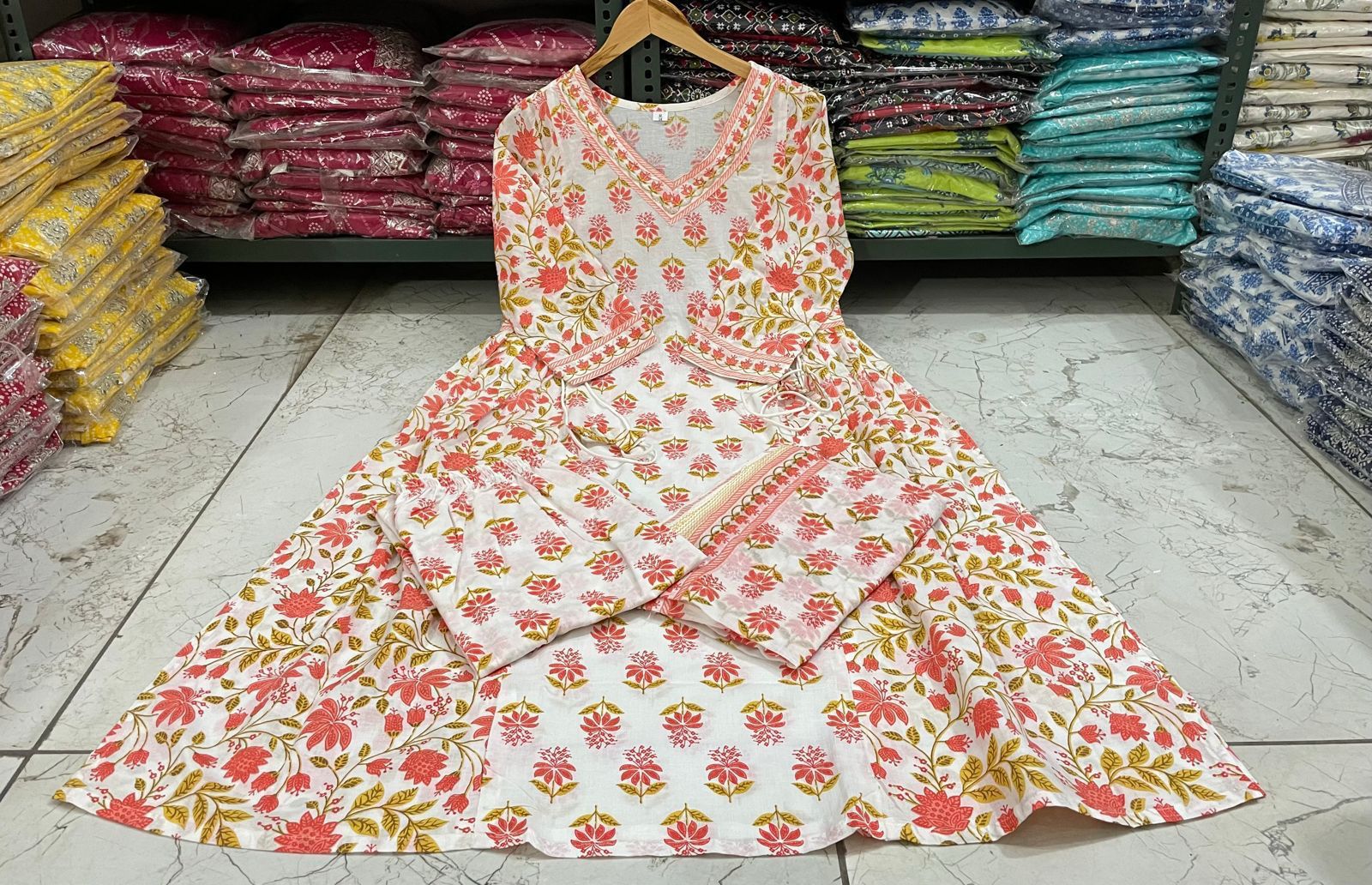 Floral Afghani Cotton Suit Set with Dupatta & Tassel Detailing