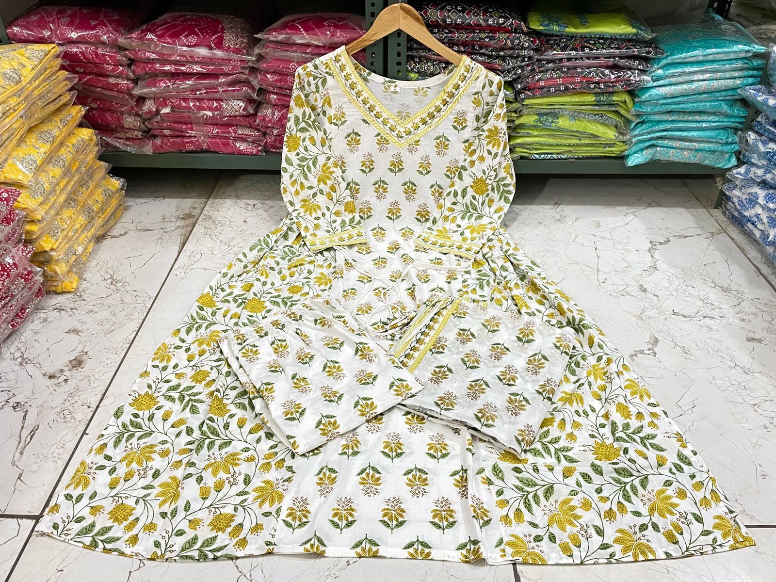 Floral Afghani Cotton Suit Set with Tassels & Dupatta