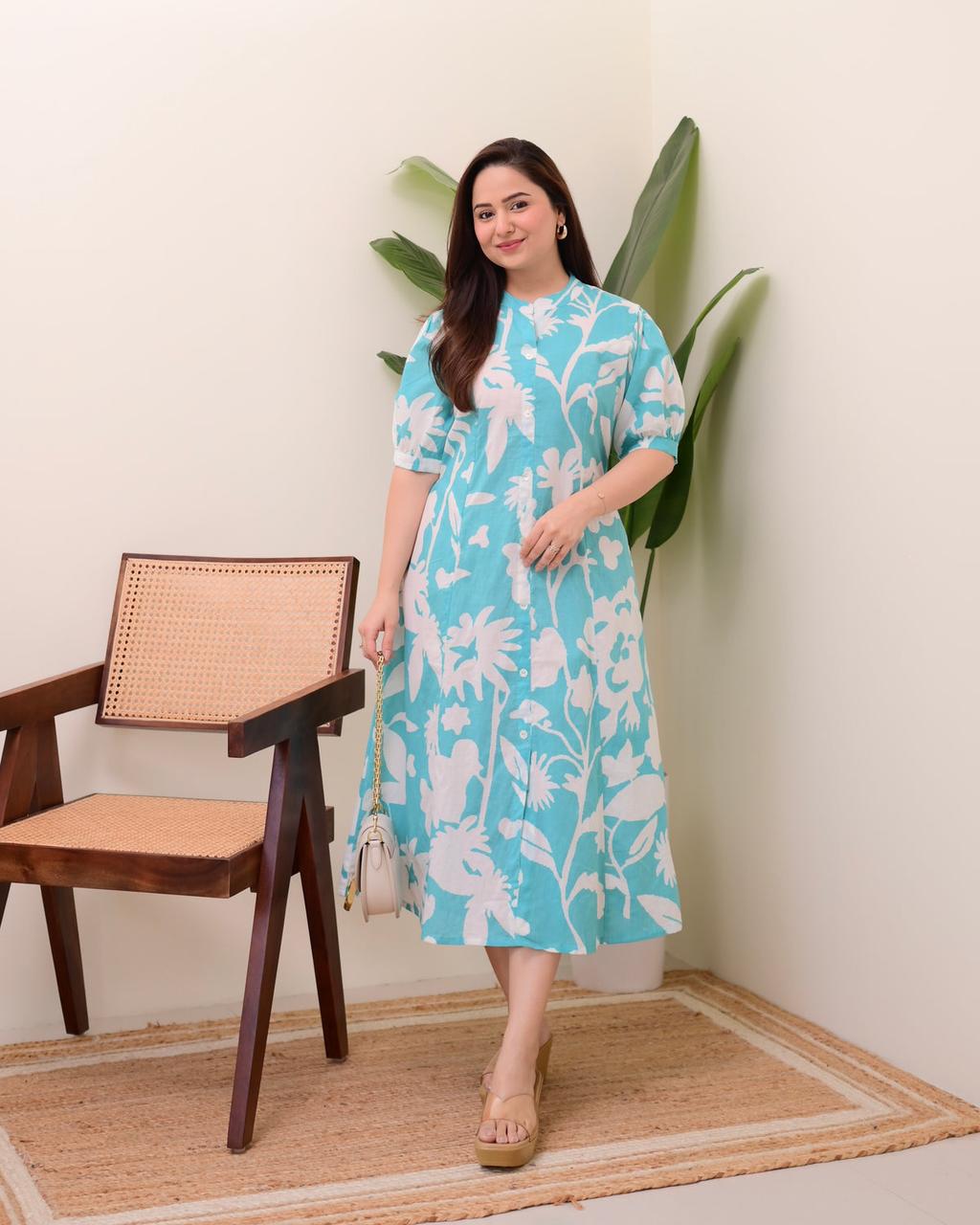 Floral Button-Front Cotton Dress in Turquoise