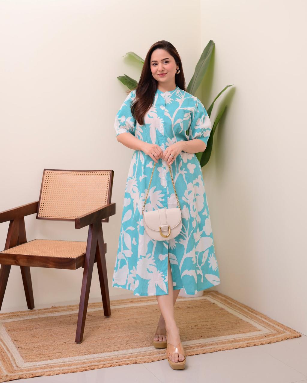 Floral Button-Front Cotton Dress in Turquoise