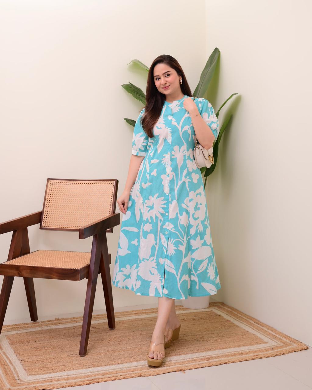 Floral Button-Front Cotton Dress in Turquoise