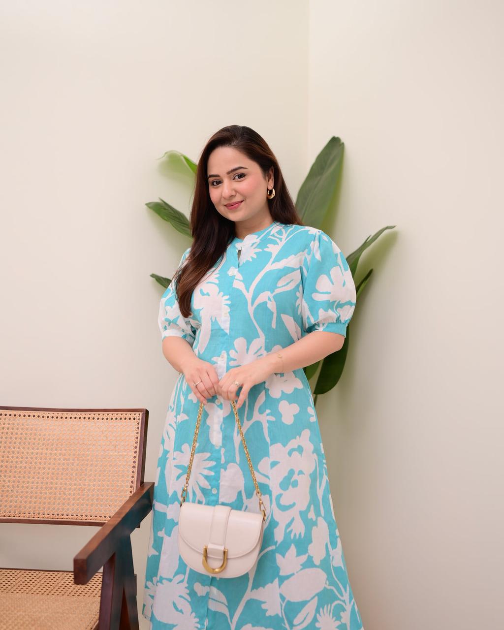Floral Button-Front Cotton Dress in Turquoise
