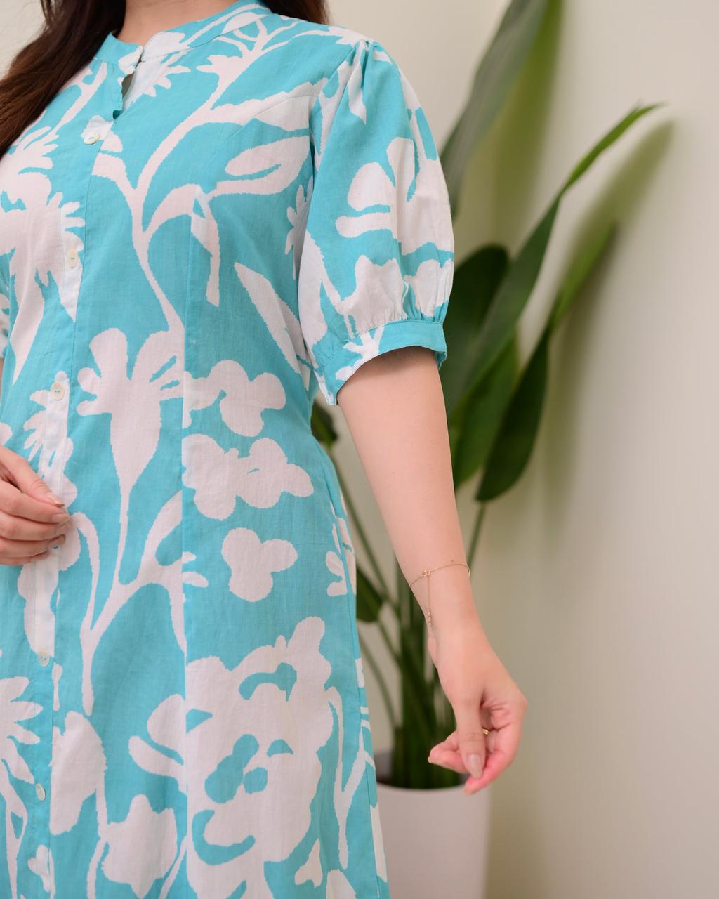 Floral Button-Front Cotton Dress in Turquoise