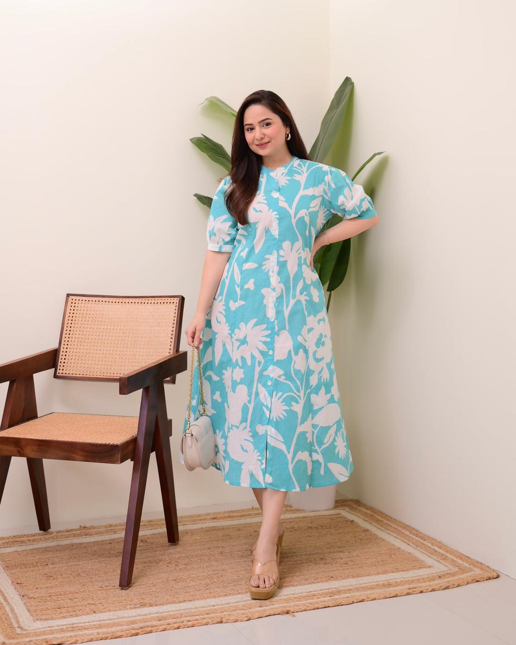 Floral Button-Front Cotton Dress in Turquoise