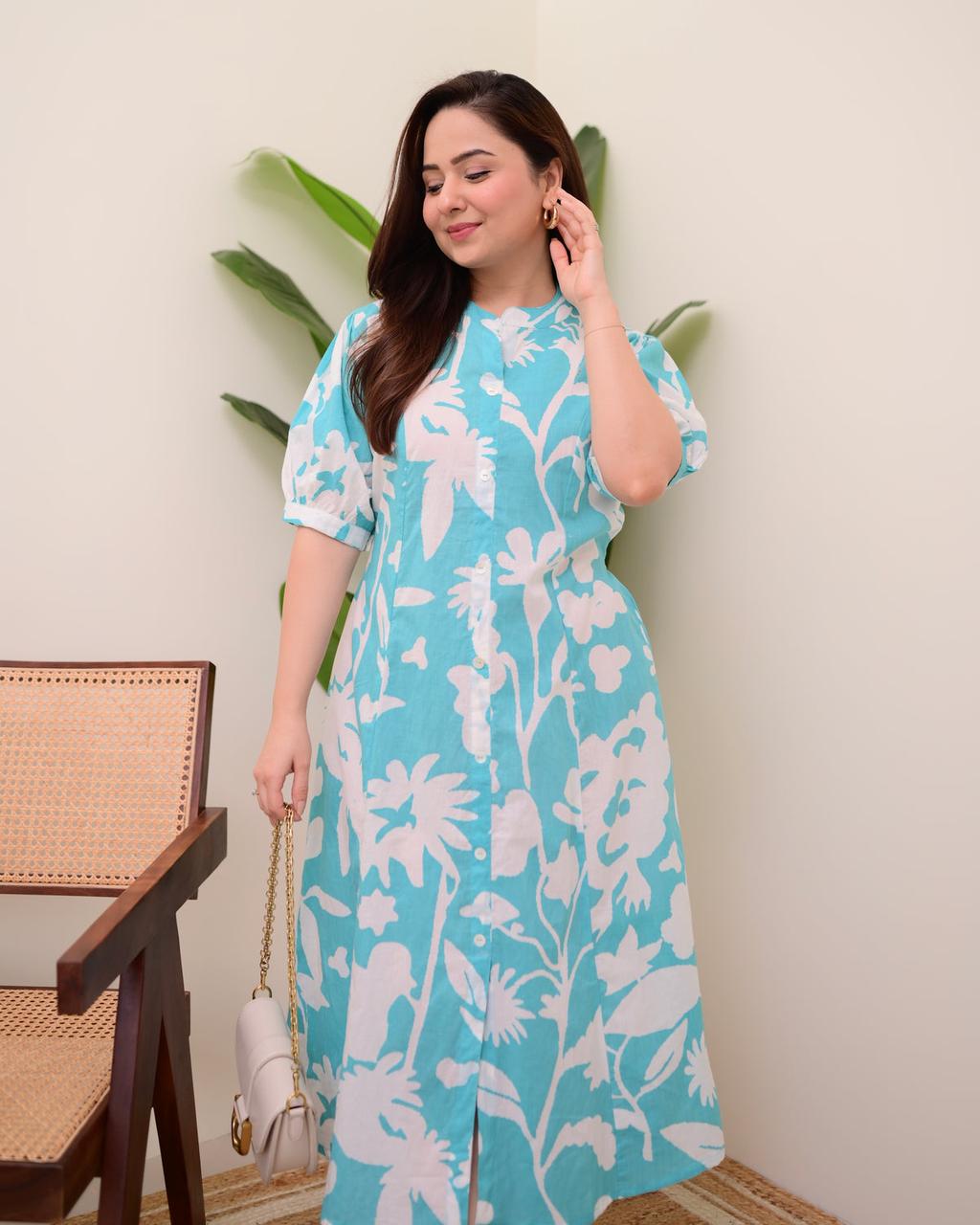 Floral Button-Front Cotton Dress in Turquoise
