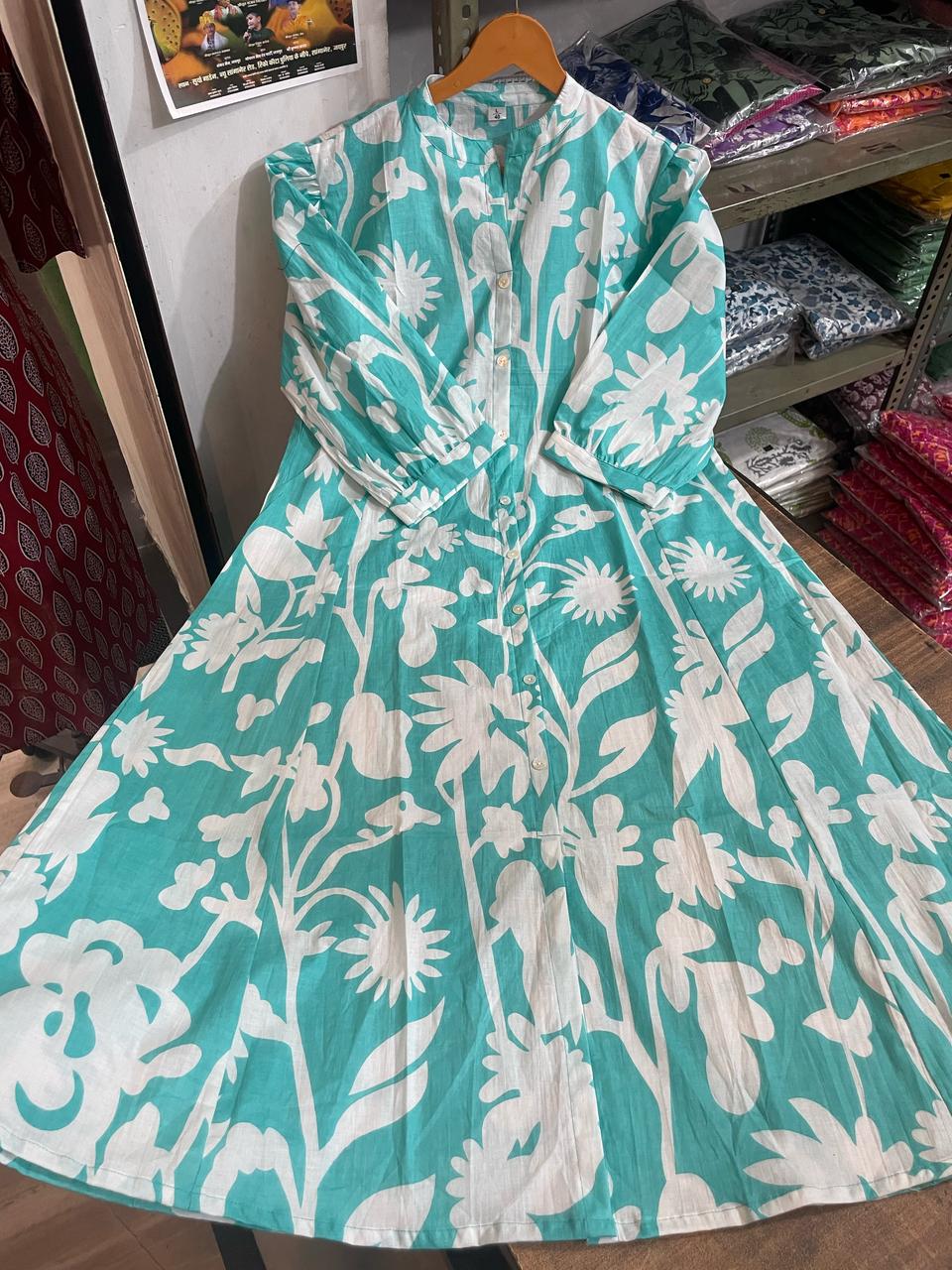 Floral Button-Front Cotton Dress in Turquoise