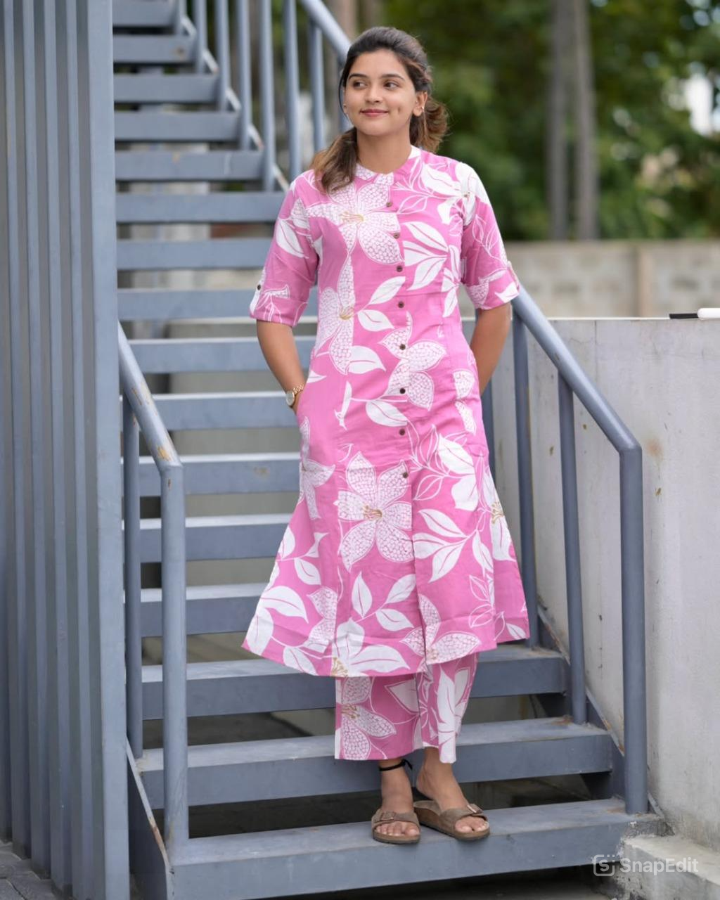 Floral Cotton Co-ord Set – A-line Kurti with Ankle-Length Palazzo Pant
