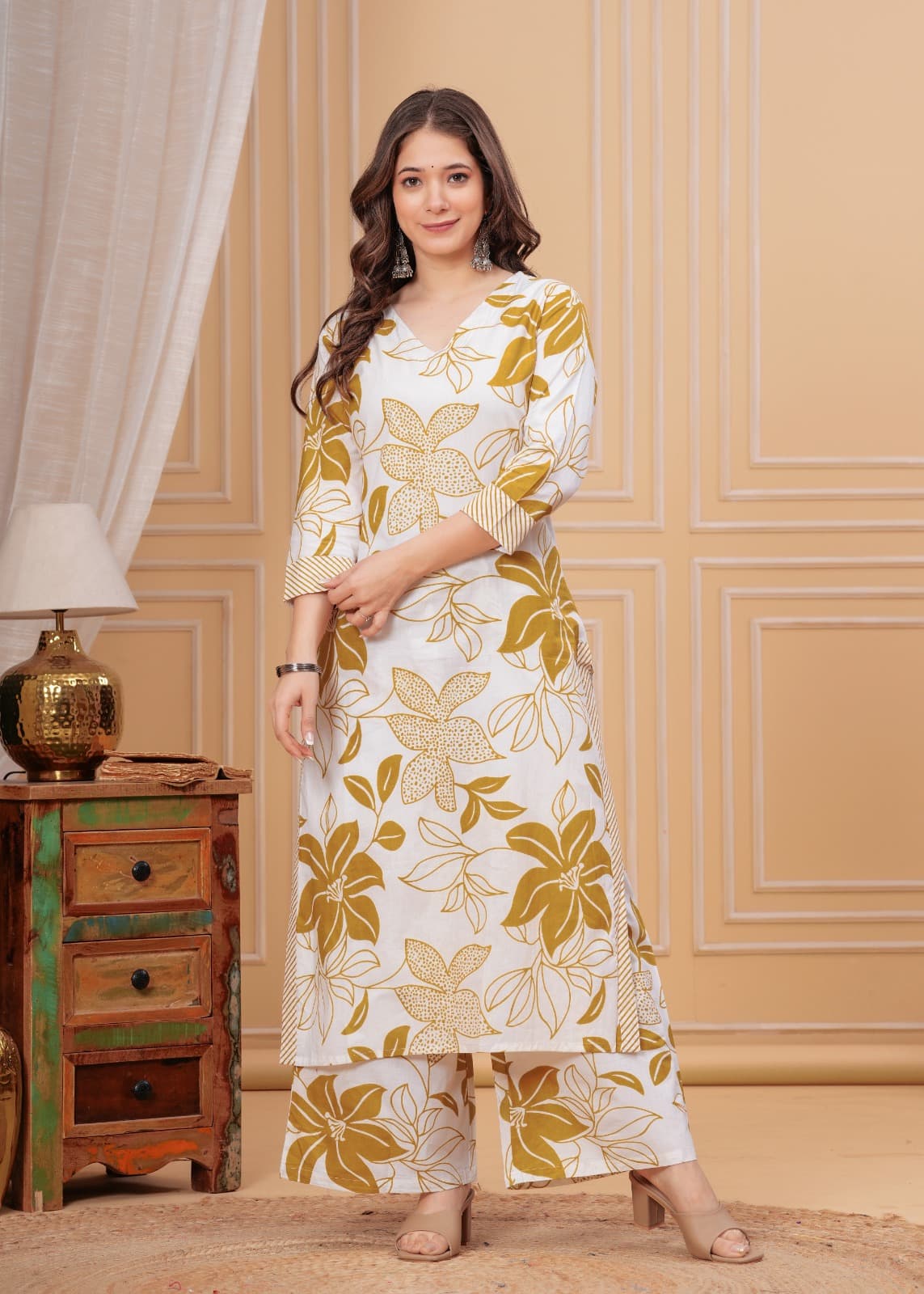 Floral Cotton Kurta Pant Palazzo Set | 60*60 Cotton, 46" Kurta, 37" Pant