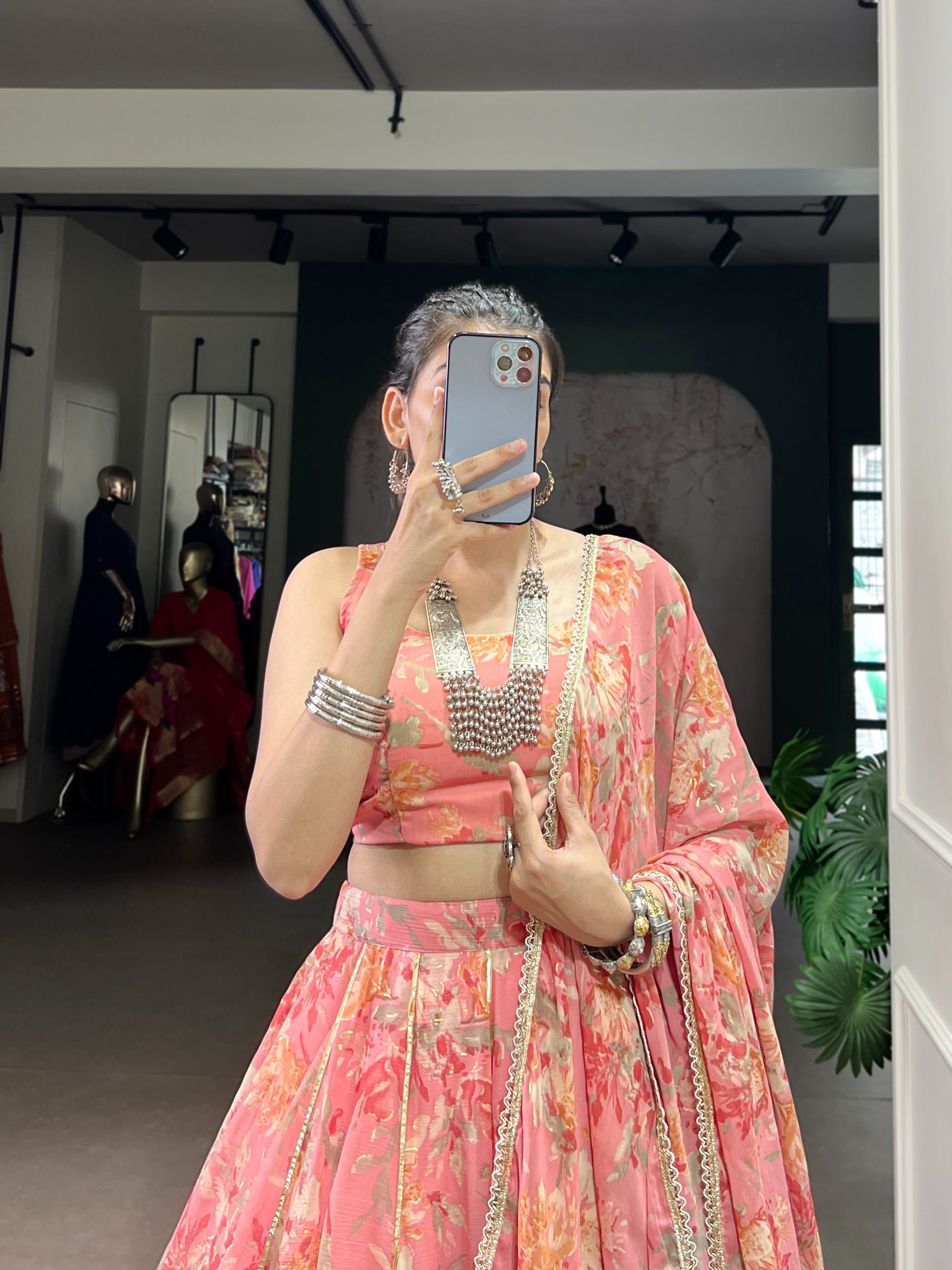 Floral Foil Print Chiffon Lehenga