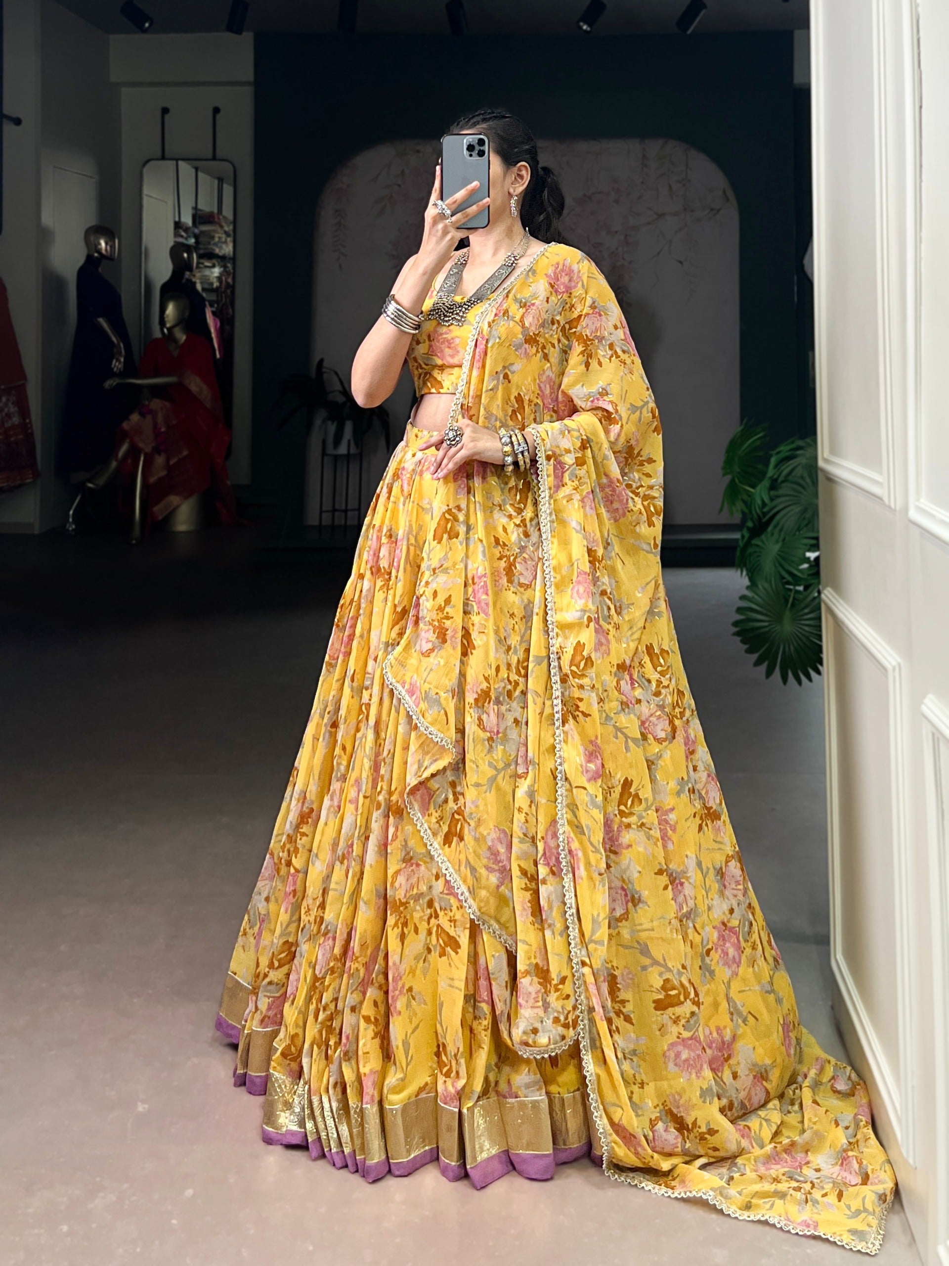 Floral Foil Print Chiffon Lehenga