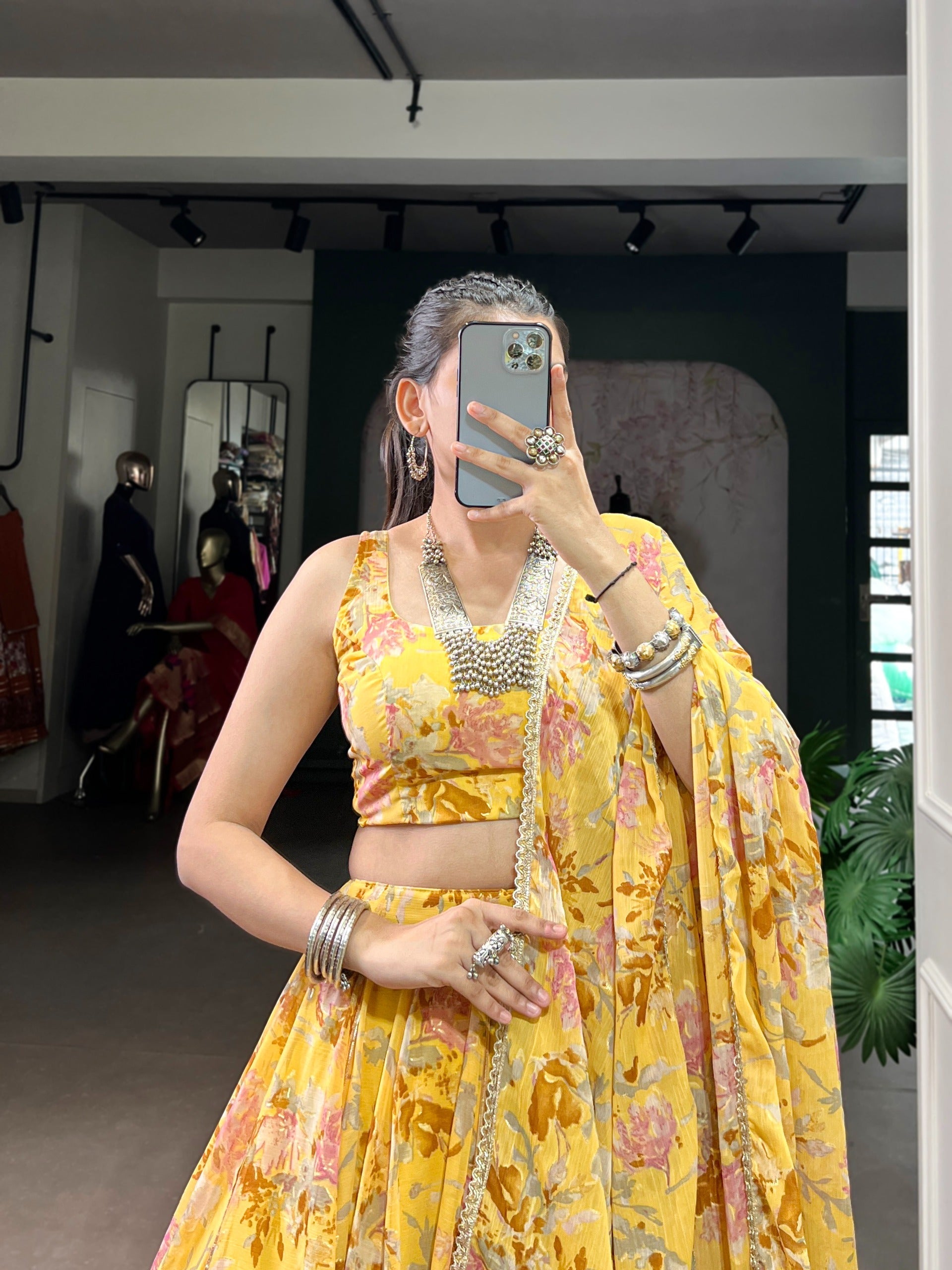 Floral Foil Print Chiffon Lehenga