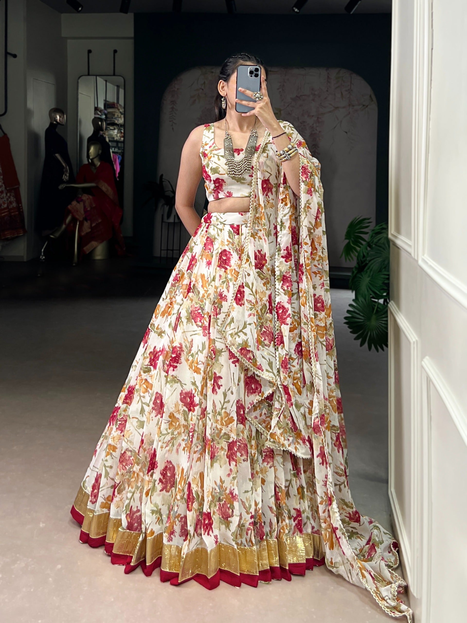 Floral Foil Print Chiffon Lehenga