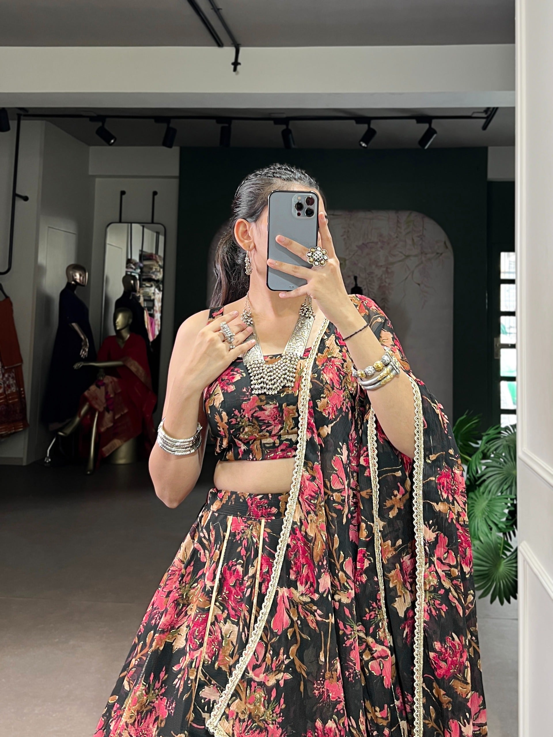 Floral Foil Print Chiffon Lehenga