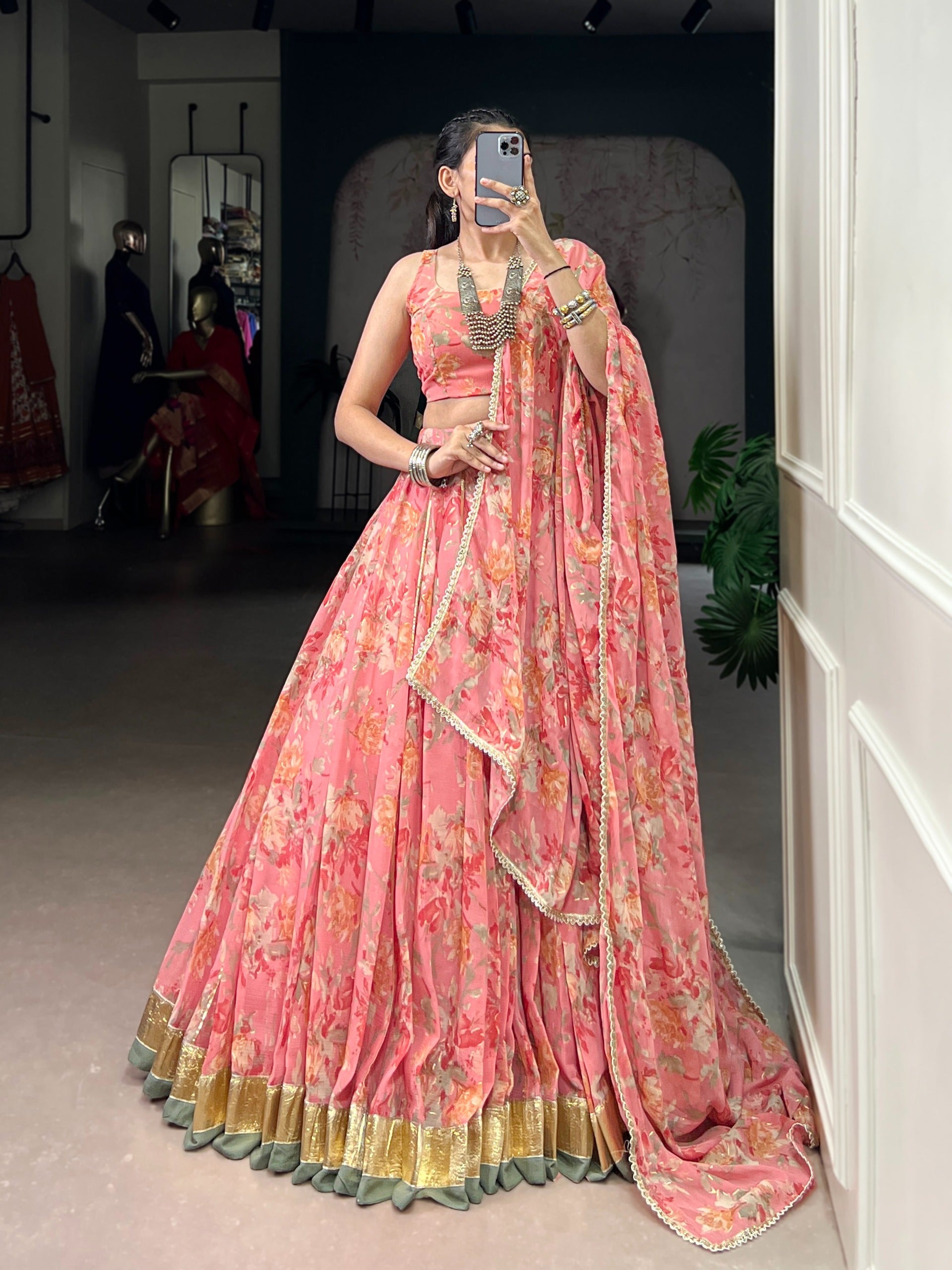 Floral Foil Print Chiffon Lehenga