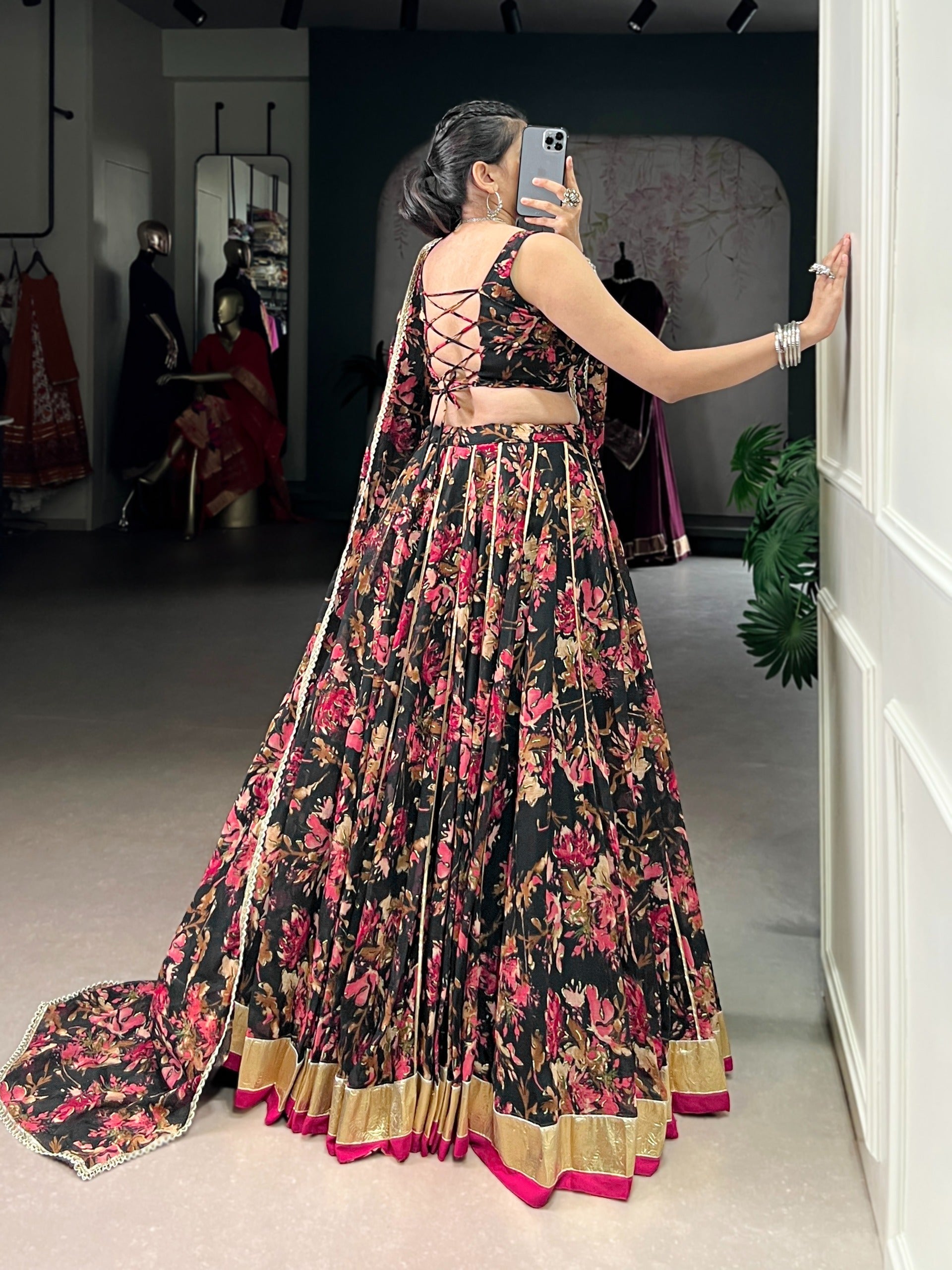 Floral Foil Print Chiffon Lehenga