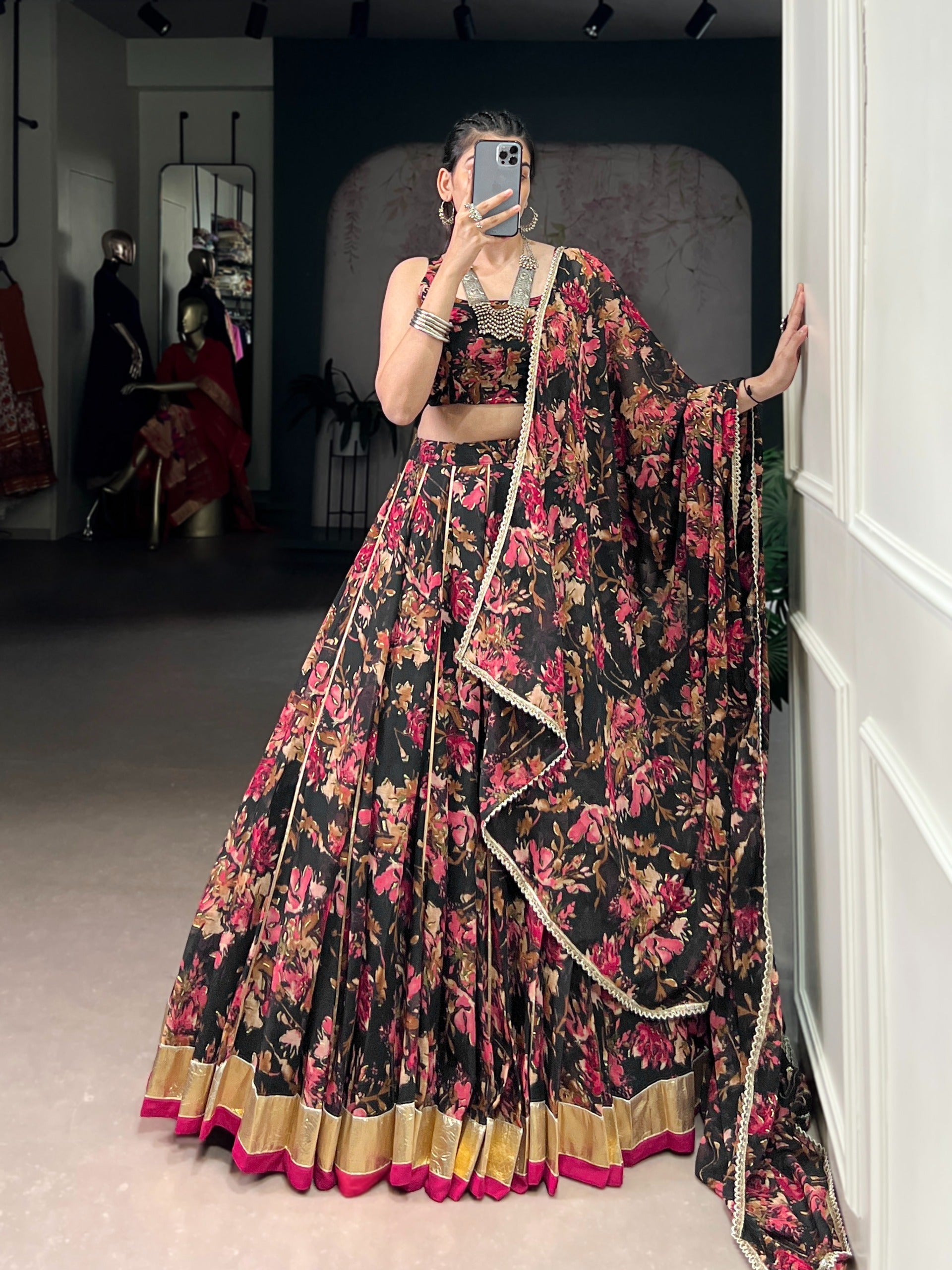 Floral Foil Print Chiffon Lehenga
