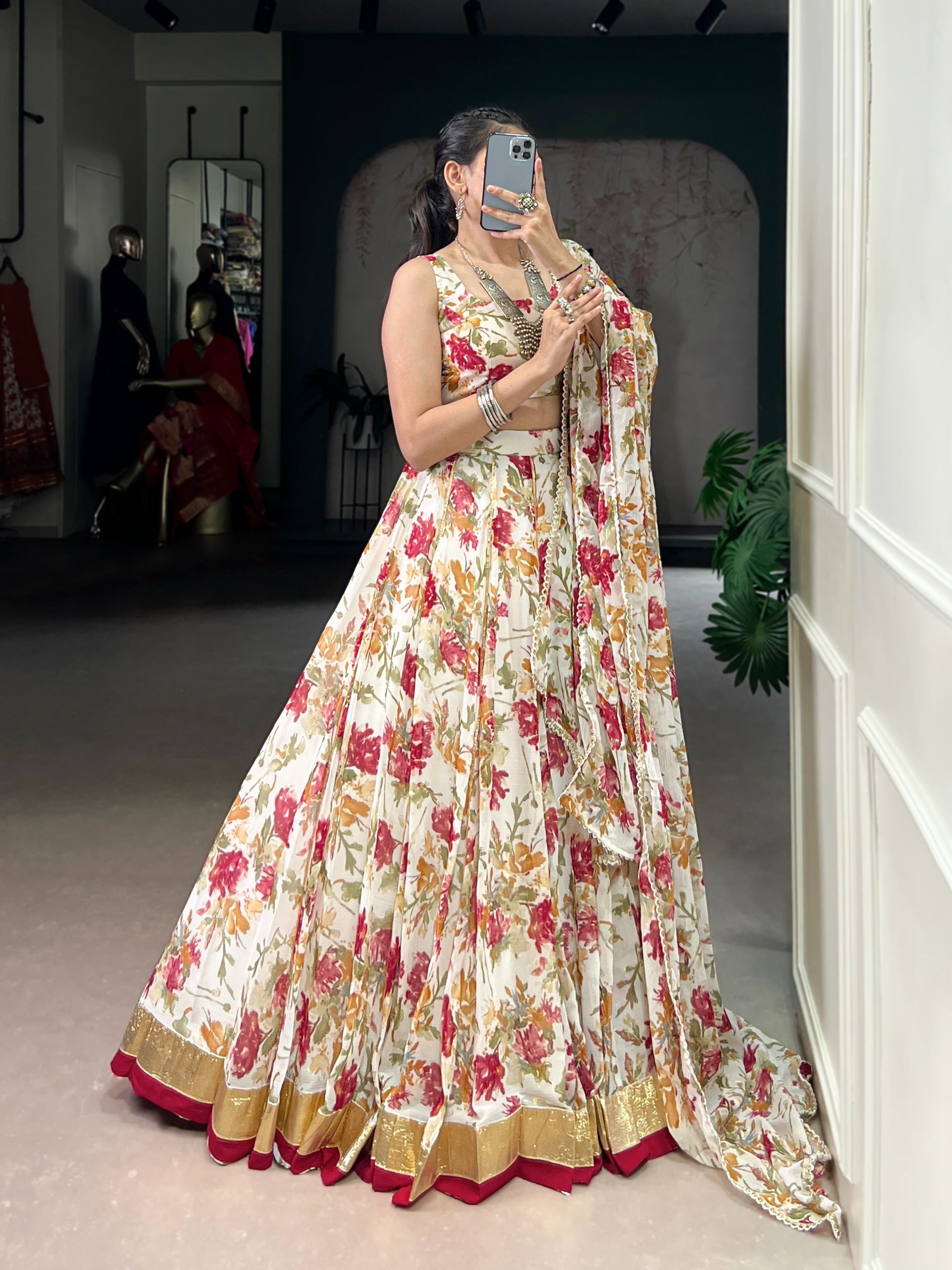 Floral Foil Print Chiffon Lehenga