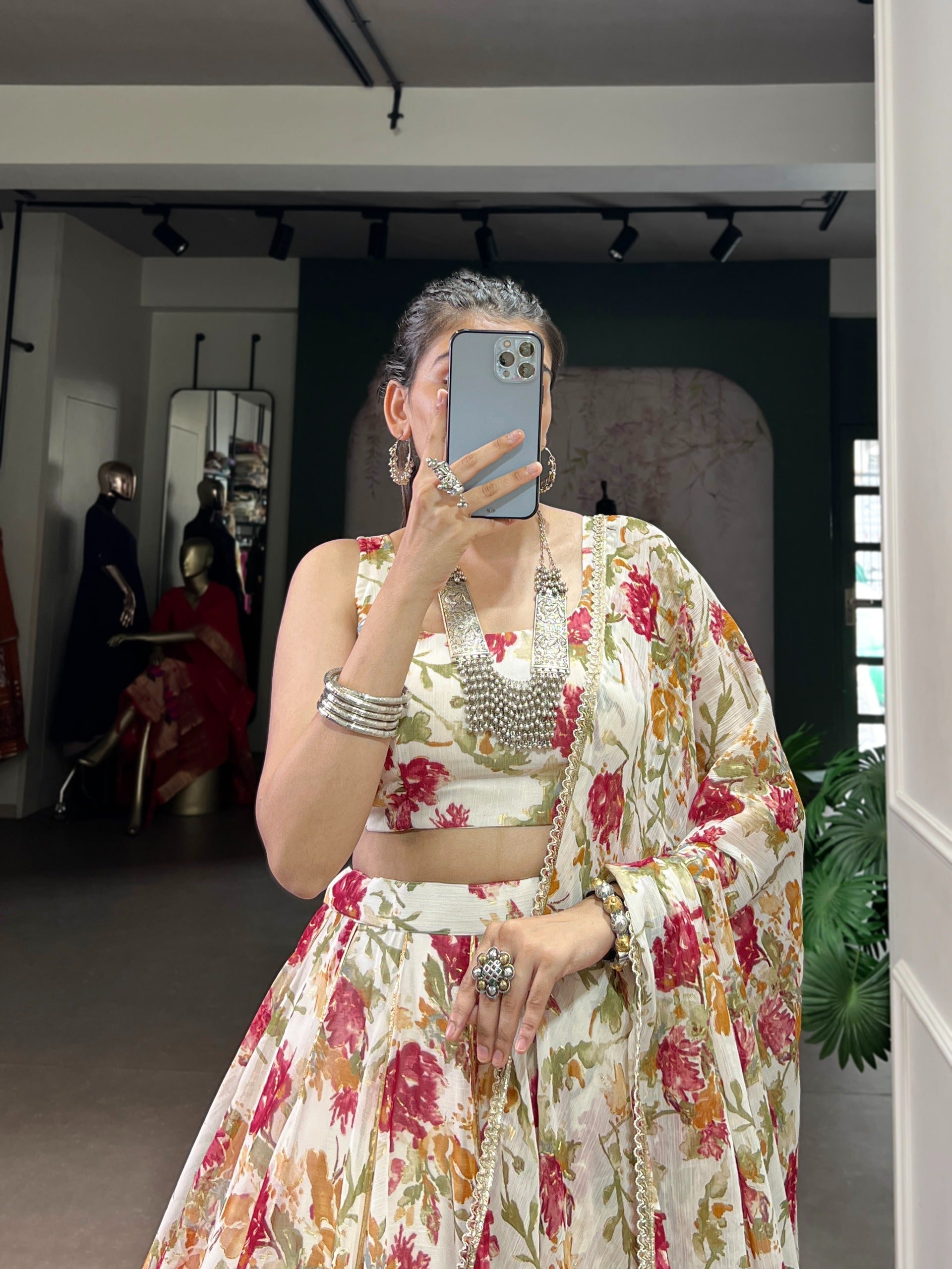 Floral Foil Print Chiffon Lehenga