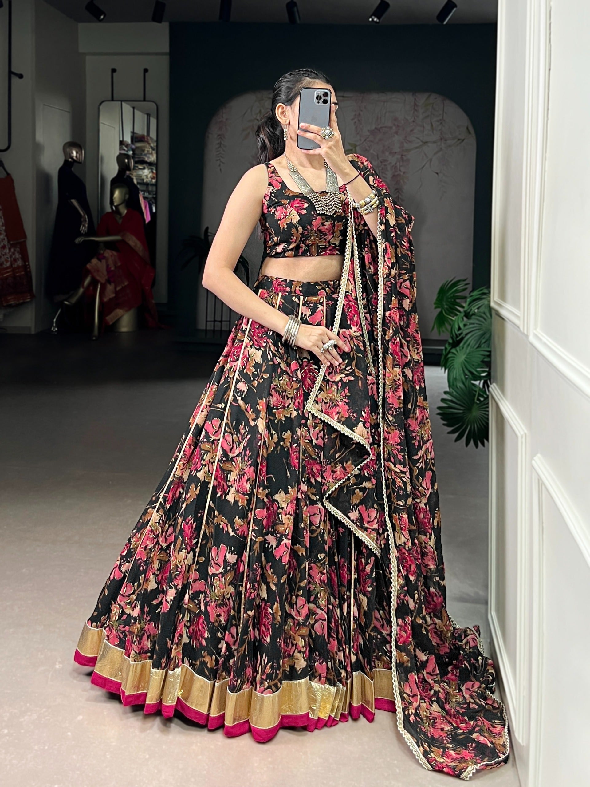 Floral Foil Print Chiffon Lehenga