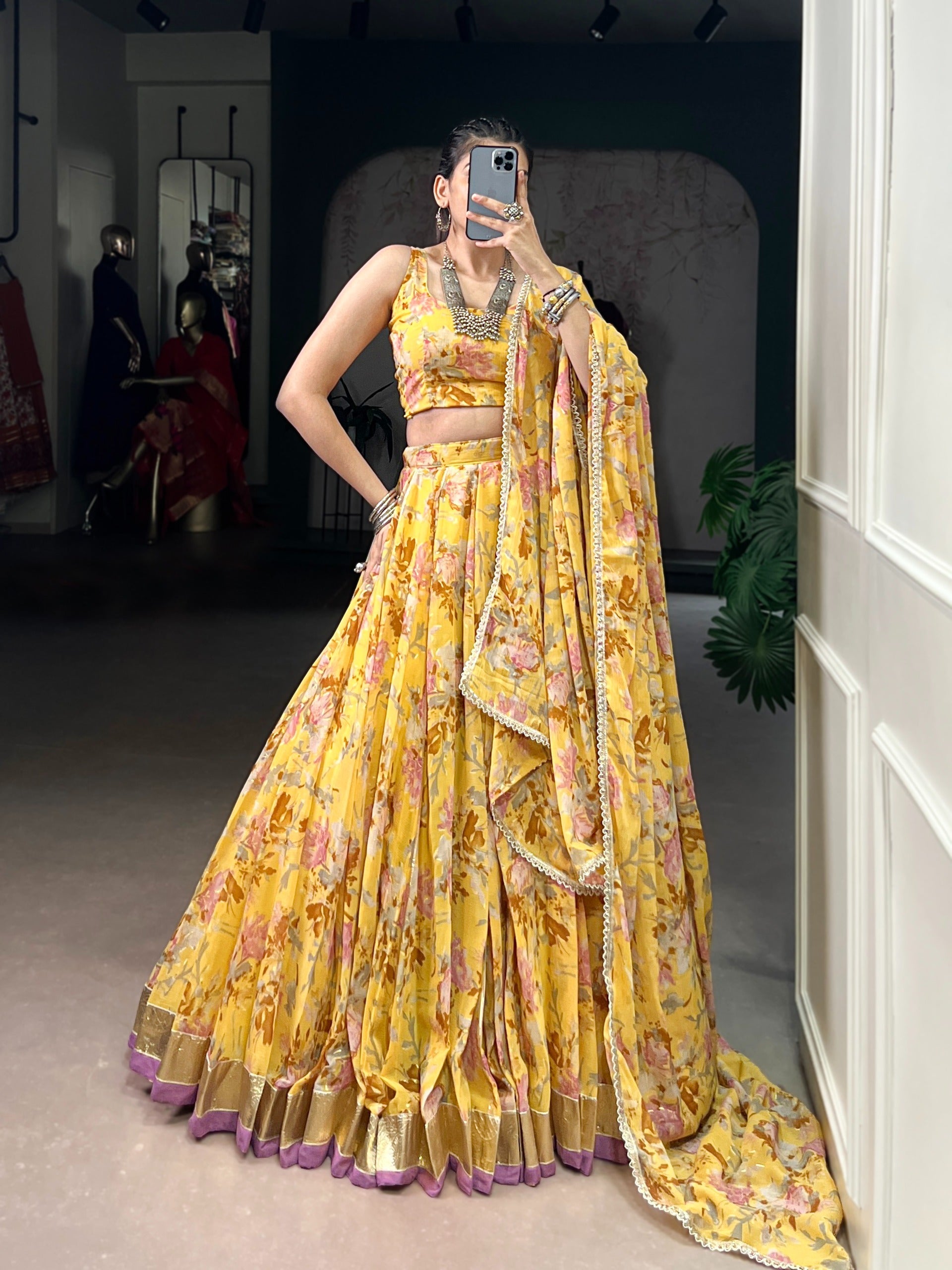 Floral Foil Print Chiffon Lehenga