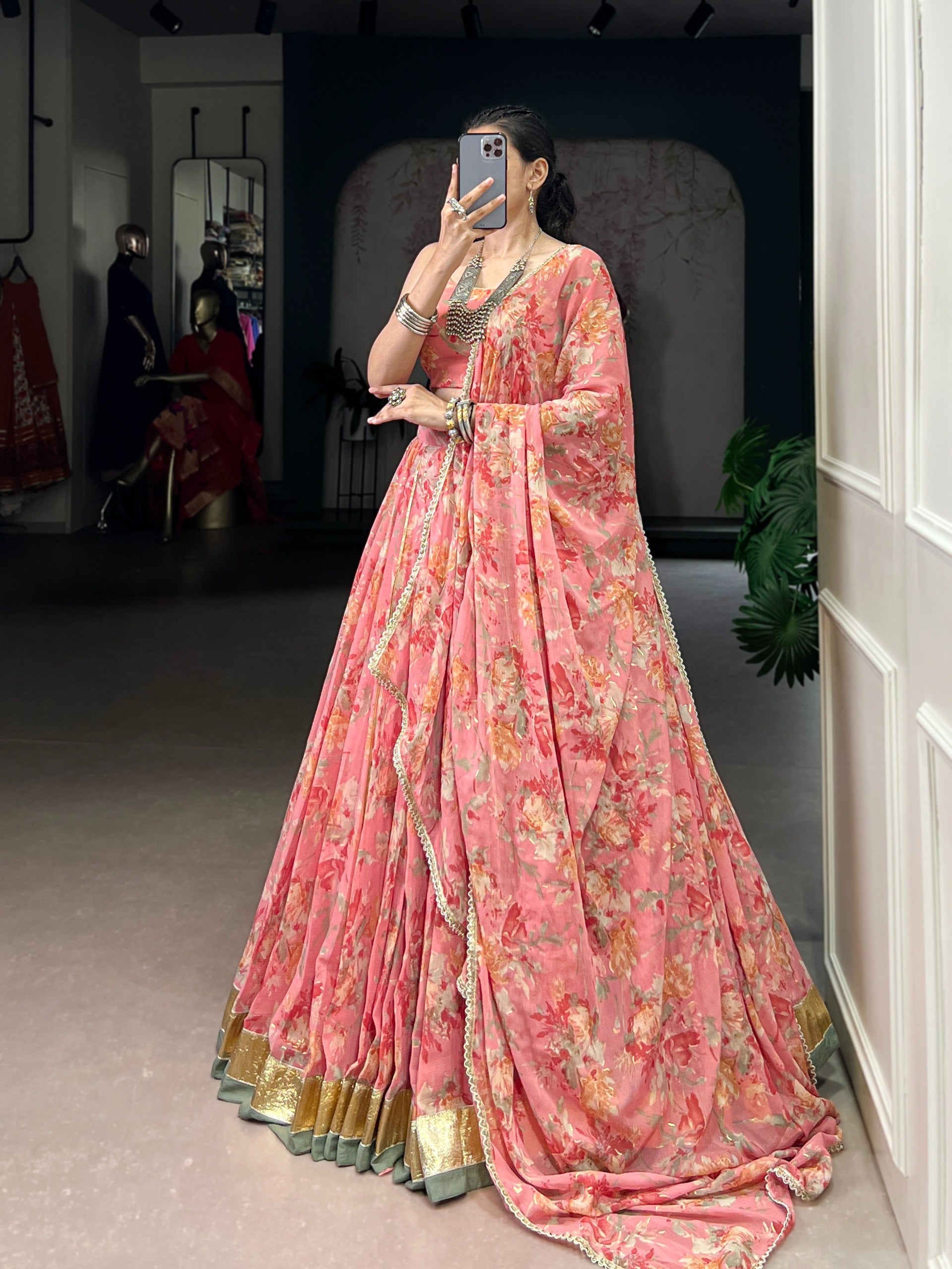 Floral Foil Print Chiffon Lehenga