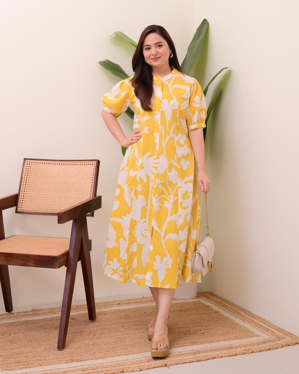 Floral Print Cotton Button-Front Midi Dress