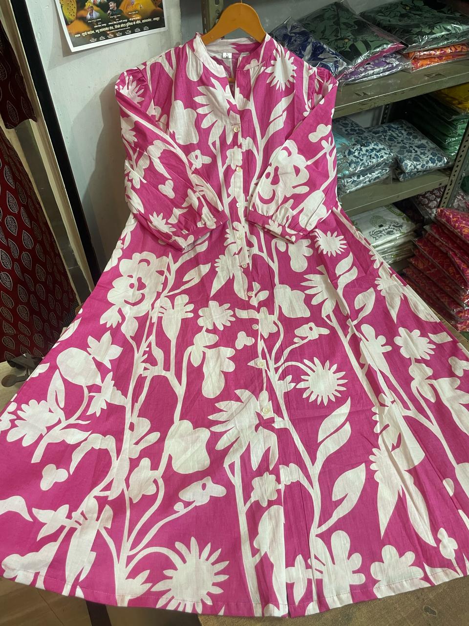 Floral Print Cotton Button-Front Midi Dress