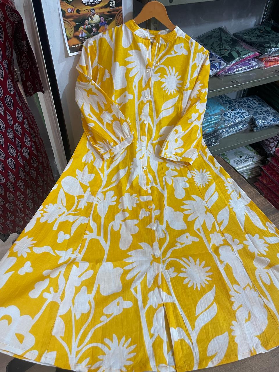 Floral Print Cotton Button-Front Midi Dress