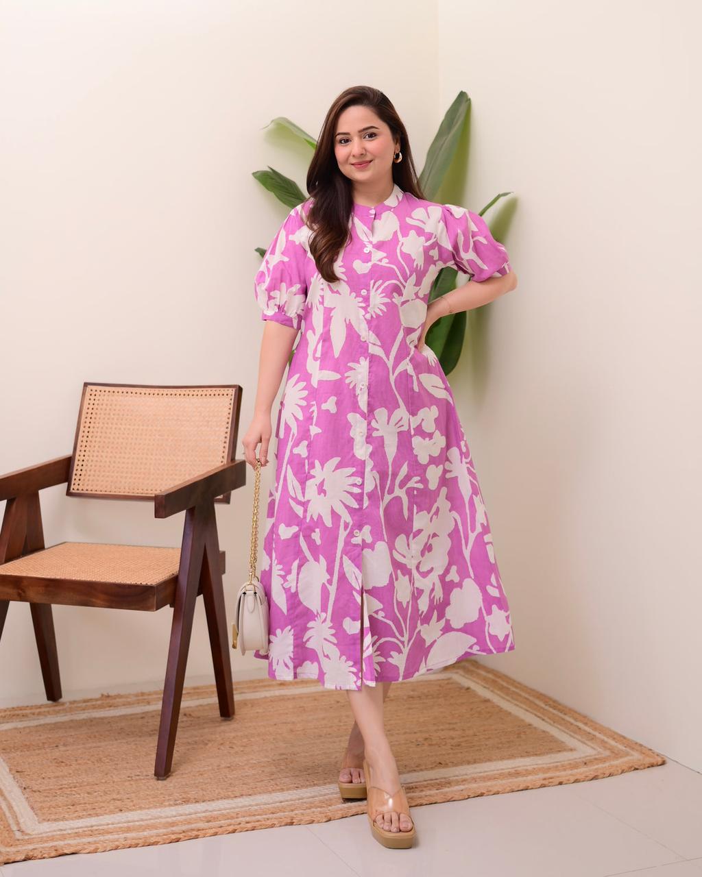 Floral Print Cotton Button-Front Midi Dress