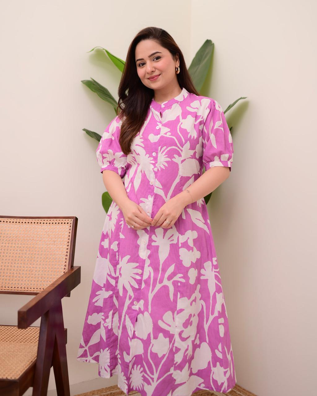 Floral Print Cotton Button-Front Midi Dress