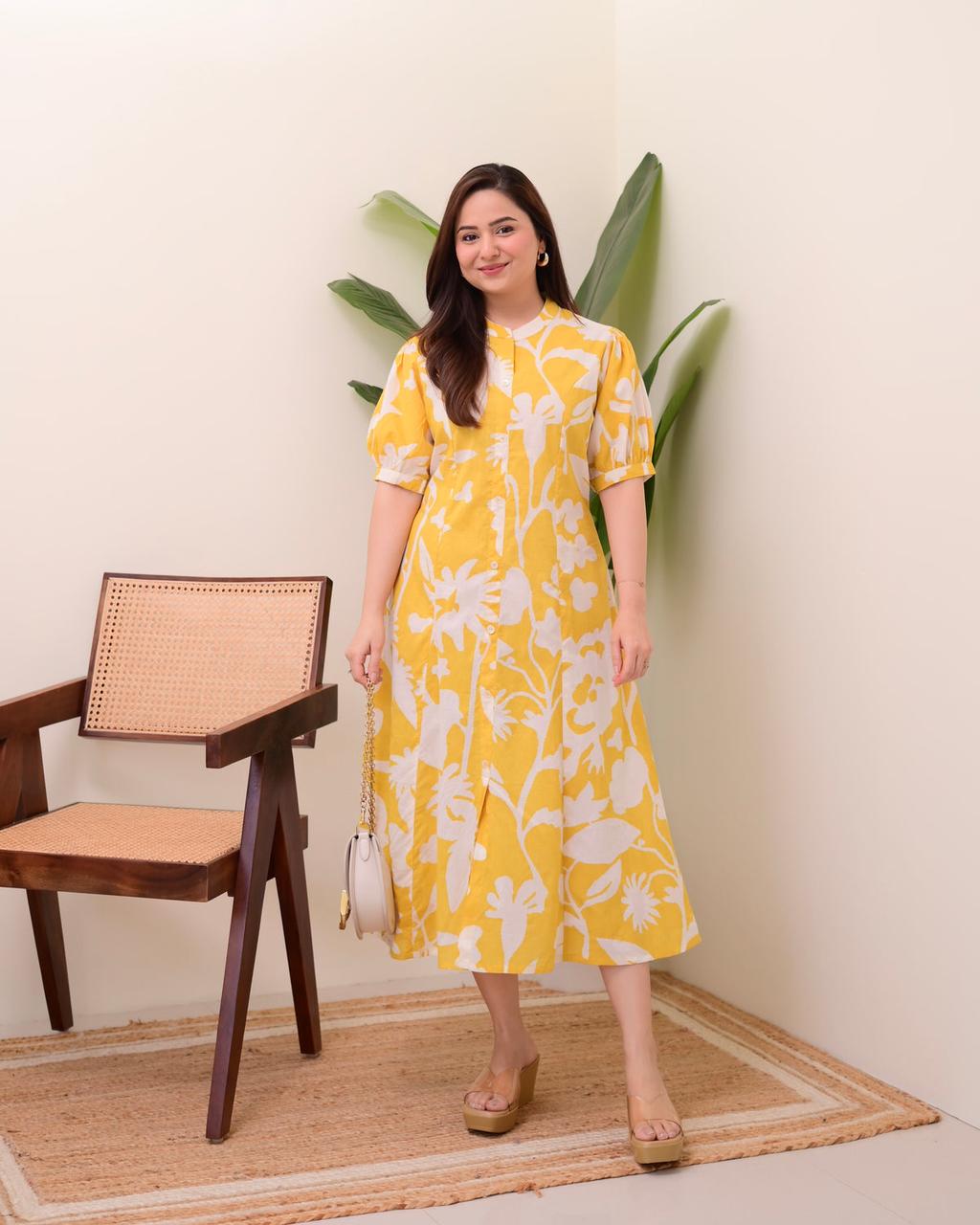 Floral Print Cotton Button-Front Midi Dress
