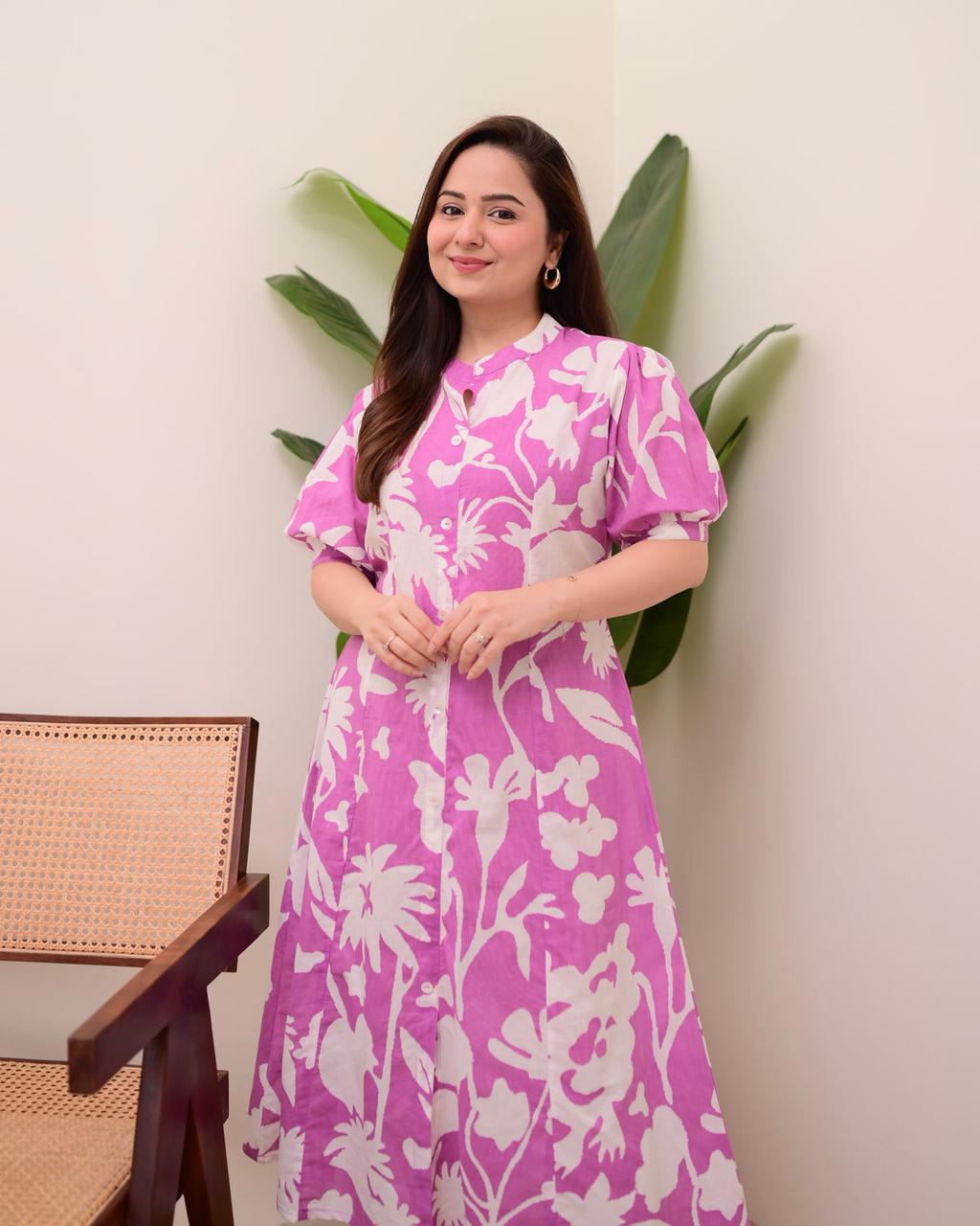 Floral Print Cotton Button-Front Midi Dress