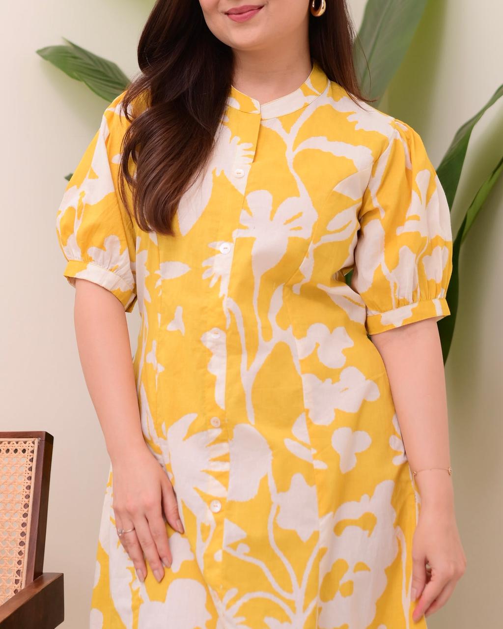 Floral Print Cotton Button-Front Midi Dress