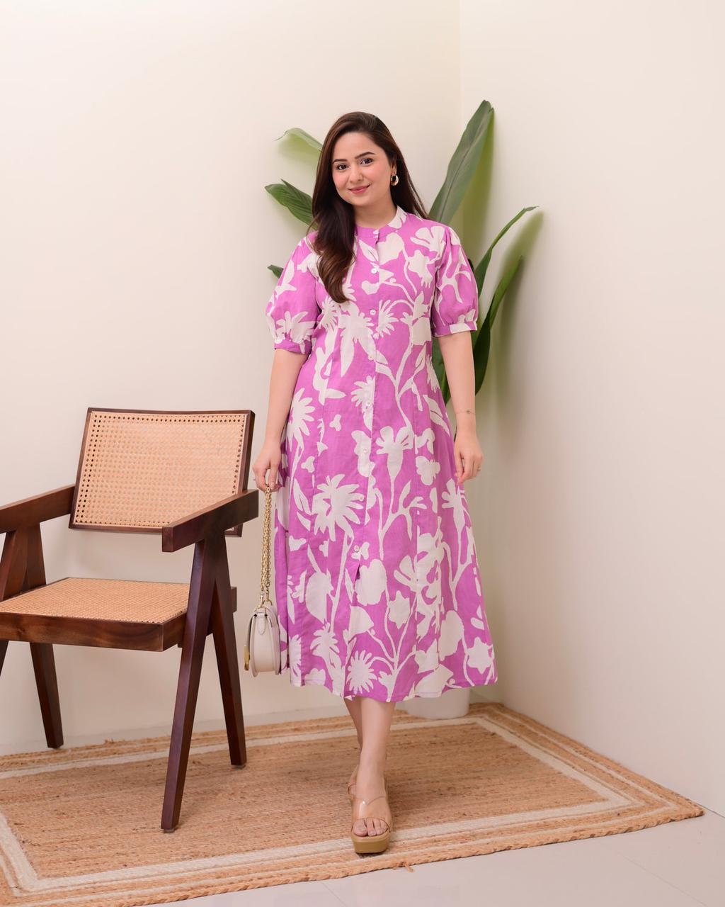 Floral Print Cotton Button-Front Midi Dress