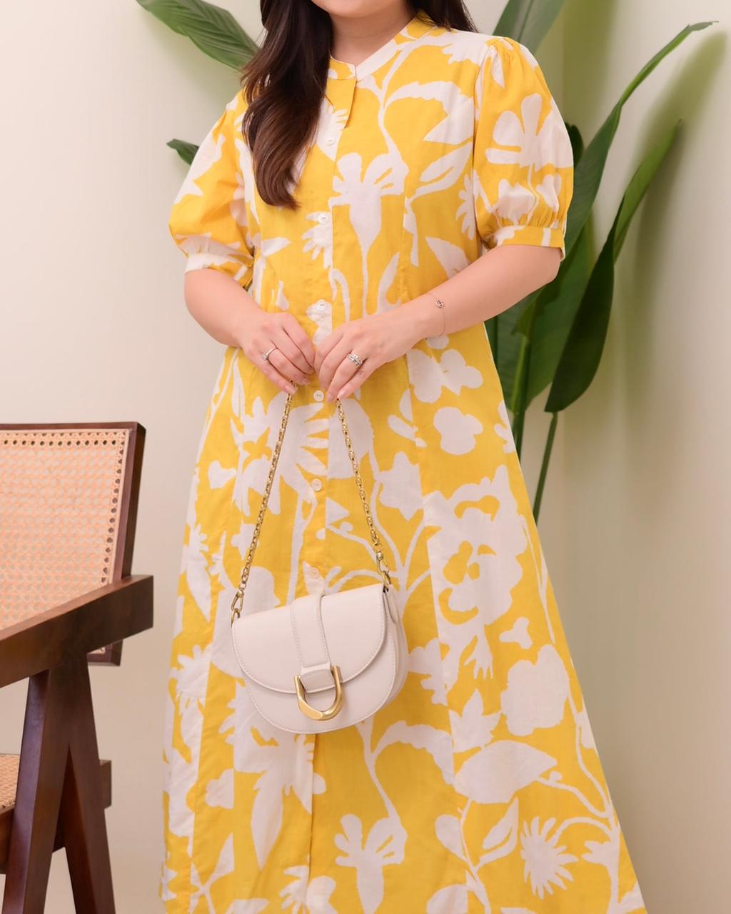 Floral Print Cotton Button-Front Midi Dress