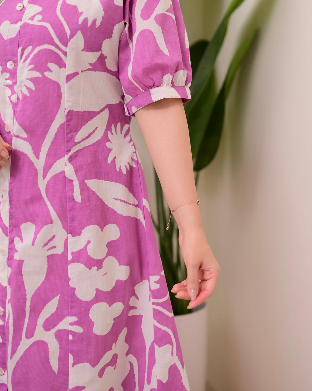 Floral Print Cotton Button-Front Midi Dress